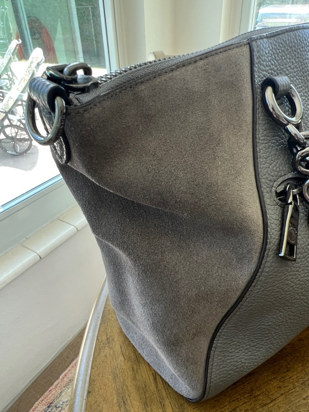 Coach -Gray Pebbled Leather Satchel with Suede and Chain Detail - Picture 15 of 17